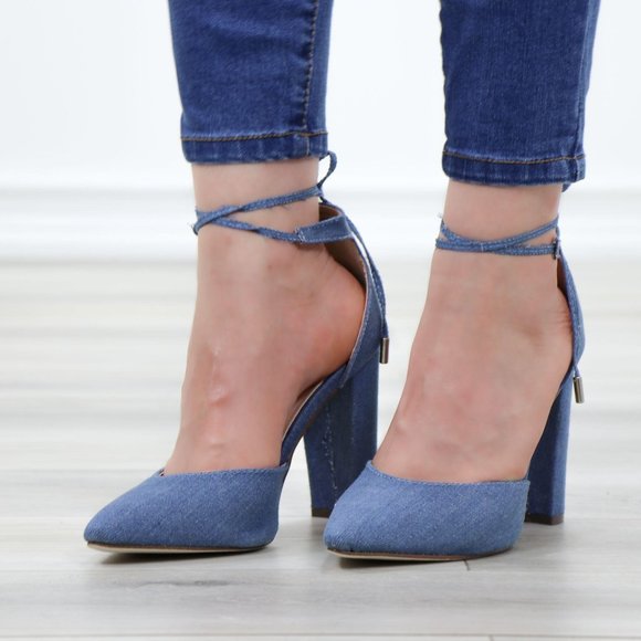 Denim Pointy Toe Block Lace-Up High Heel Pumps - Picture 3 of 12